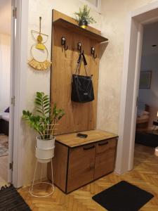 una camera con un mobile in legno con una pianta in vaso di ODMORKO Zemun a Belgrado