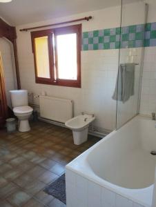 a bathroom with a tub and a toilet and a sink at Appartement dans village calme à 5 min des lacs in Mathaux