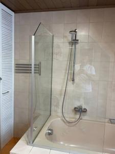 a man standing in a shower in a bathroom at Maisonette Apartment Family & Business nähe Heidelberg I Küche I 6 Schlafplätze in Sinsheim