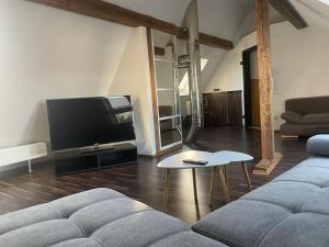 uma sala de estar com um sofá e uma televisão em Maisonette Apartment Family & Business nähe Heidelberg I Küche I 6 Schlafplätze em Sinsheim