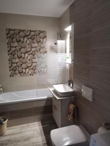 uma casa de banho com uma banheira, um WC e um lavatório. em Apartmant Melinda M16 em Brasov