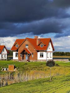een groot huis met een oranje dak in een veld bij Mazurskie Wille - Willa Niebieska - siedlisko na Mazurach z bezpośrednim dostępem do jeziora Dejguny oraz prywatnym basenem in Sterławki Wielkie