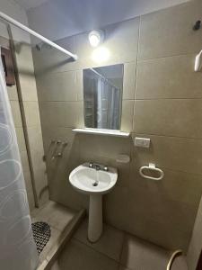 Baño pequeño con lavabo y espejo en Departamento Mendoza Centro B en Salta