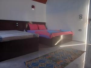 a bedroom with two beds and a rug in it at Kafana Guest House Nile View in Aswan