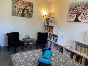 a bedroom with a bed and a book shelf with books at Chambre avec Spa et Sauna privatisés in Bourg-en-Bresse