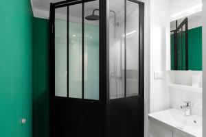 a bathroom with a black door and a green wall at Appartement Aloa in Carcassonne