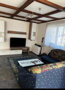 ein Wohnzimmer mit einem Sofa und einem Flachbild-TV in der Unterkunft FeWo Teusch Top 6 in Arnoldstein