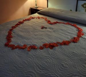 um coração feito de pétalas de rosa numa cama em casa per l'osticcio vista sulla val d'orcia em Montalcino