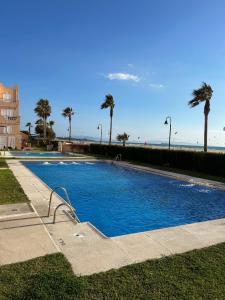a swimming pool next to a beach with palm trees at Apartamento Los Lances en Primera línea de playa con piscina in Tarifa