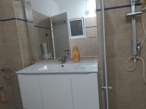 y baño con lavabo y ducha con espejo. en Farber Couple house, en Nahariyya