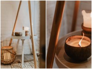 two pictures of a candle on a table and a candle holder at Privesauna Huisje 33 in Ermelo +35 photos