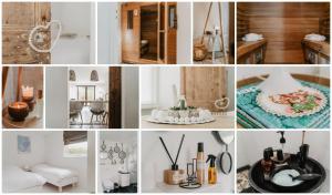 eine Collage mit Bildern einer Küche und einem Wohnzimmer in der Unterkunft Privesauna Huisje 33 in Ermelo