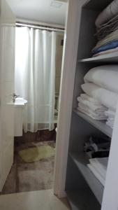 a bathroom with a shower curtain and a closet with towels at TERAPIA DIVINA in Saladillo