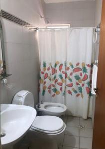 y baño con aseo y cortina de ducha. en Depto Centro en San Luis