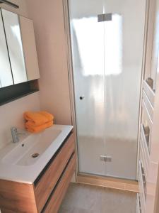 uma casa de banho com um chuveiro e um lavatório. em Ferienwohnung Joanna em Norddeich