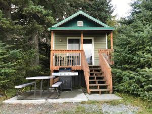 a tiny house with a deck and a grill at Cabin 3 Lynn View Lodge in Haines