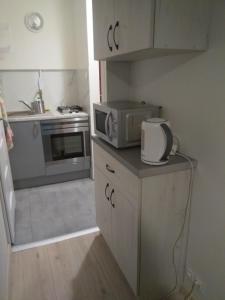 uma pequena cozinha com um micro-ondas e um fogão em U Cioci em Cracóvia