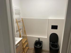 een badkamer met een zwart toilet en een wastafel bij Casa vacanze Ginevra a Trieste in Trieste