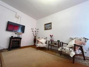 a living room with two chairs and a tv at Lala's sweet nest in Călimăneşti