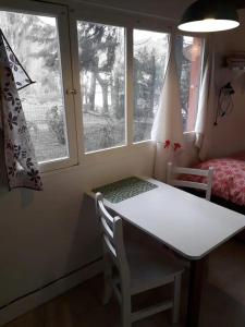 a table and chairs in a room with two windows at Trabun in San Martín de los Andes