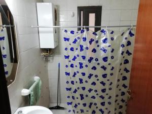een badkamer met een blauw en wit douchegordijn bij Balcarce Suits PB in Bell Ville +56 foto's