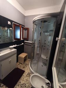 een badkamer met een douche, een toilet en een wastafel bij Magnifique Atlantic Terrace Maison in Figueira da Foz