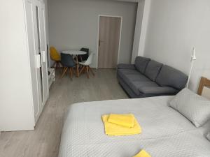 Oldie Apartment Šamorín في شامورين: غرفة معيشة مع سرير وأريكة