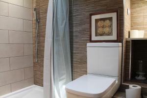 a bathroom with a toilet and a shower at Wharmton luxury apartment in Dobcross