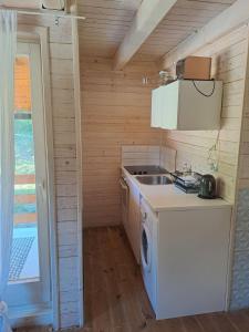 a kitchen with a sink and a washing machine at ZlatAir Eco Chalet in Nova Varoš