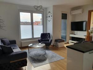 a living room with a couch and chairs and a tv at Centar view lux in Novi Sad