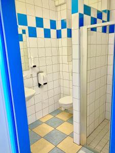 a bathroom with a toilet and a shower stall at Gästezimmer Puzwidu in Vienna