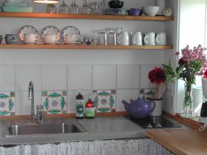 a kitchen counter with a sink and dishes on shelves at Paradiset Holiday House in Blans