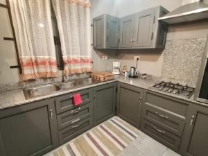 una cocina con armarios grises y fregadero en Residence YG, en Palmyre