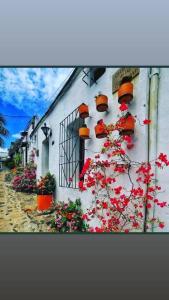 a white building with flowers on the side of it at Cabaña 41, aldea Doradal Santorini Colombiano in Puerto Triunfo