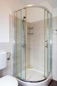 a bathroom with a shower with a toilet and a tub at Apartman Maria 1 in Rab