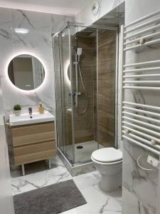 La salle de bains est pourvue d'une douche, de toilettes et d'un lavabo. dans l'établissement Chaleureux Studio 30m2 - Au pied de la Gare - PARKING, à Cergy