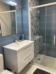 a bathroom with a white sink and a shower at Chambre Chez Dom et Alain in Villeneuve-lès-Maguelonne