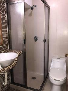 La salle de bains est pourvue d'une douche, de toilettes et d'un lavabo. dans l'établissement 3 Room Beach Condo, Great for Family and Friends!, à Cancún