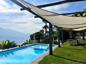 - un hamac au-dessus d'une piscine avec vue sur l'océan dans l'établissement Wohnung mit Aussicht auf Lago Maggiore & Pool, à Contra