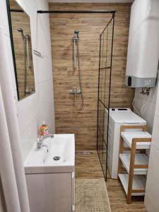 a small bathroom with a sink and a shower at Apartament w Centrum in Prudnik