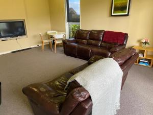 a living room with a leather couch and a television at Luxury on Howden in Te Anau