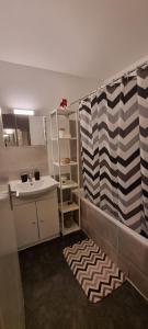 La salle de bains est pourvue d'un lavabo, d'un comptoir et d'une serviette. dans l'établissement Studio 57, à Orcières