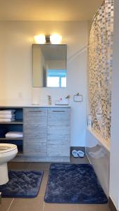 ein Badezimmer mit einem Waschbecken, einem WC und einem Spiegel in der Unterkunft Exquisite Condo By Exhibition Place Downtown Toronto in Toronto