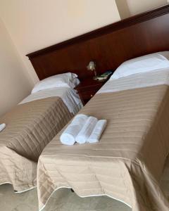 Dos camas en una habitación de hotel con toallas. en Hotel dei Nebrodi, en Cesarò