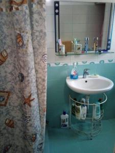 baño con lavabo y cortina de ducha en Seaview Country House, en Sarandë