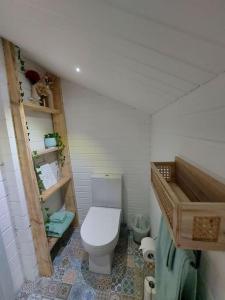 a small bathroom with a toilet in a room at Seafield Cabin in Tromra
