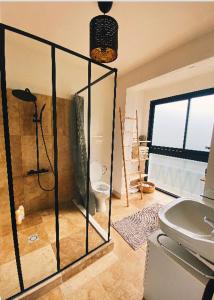 a bathroom with a shower and a toilet at Maison chaleureuse in Villeneuve-sur-Lot
