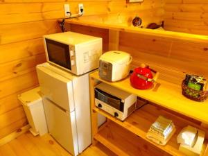 een magnetron bovenop een koelkast naast een broodrooster bij 藤のヴィラ チェリー棟 Check-out 12時まで! Self Check-in in Aso