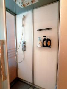 a bathroom with a shower stall with a shower at 藤のヴィラ チェリー棟 Check-out 12時まで! Self Check-in in Aso