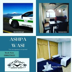 eine Collage mit vier Bildern eines Hotelzimmers mit einem Auto in der Unterkunft Ashpa Wasi in Salasaca